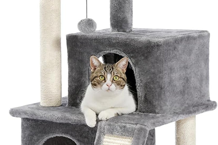 34 Inches Cat Tree Multilevel Cat Tower with Double Condos, Spacious Perch, Fully Wrapped Scratching Sisal Post and Replaceable Dangling Balls Gray