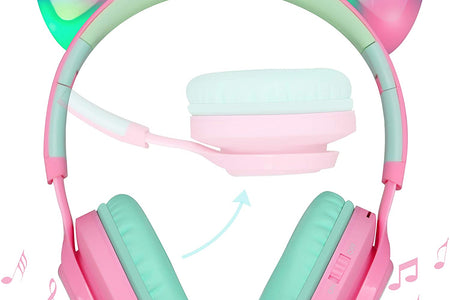 CT-7 Cat Ear Bluetooth Headphones, LED Light up Bluetooth Wireless over Ear Headphones with Microphone and Volume Control for Travel/School/Smartphones/Laptop/Pc/Tv (Pink&Green)