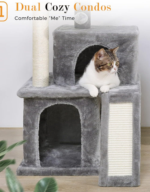 Load image into Gallery viewer, 34 Inches Cat Tree Multilevel Cat Tower with Double Condos, Spacious Perch, Fully Wrapped Scratching Sisal Post and Replaceable Dangling Balls Gray
