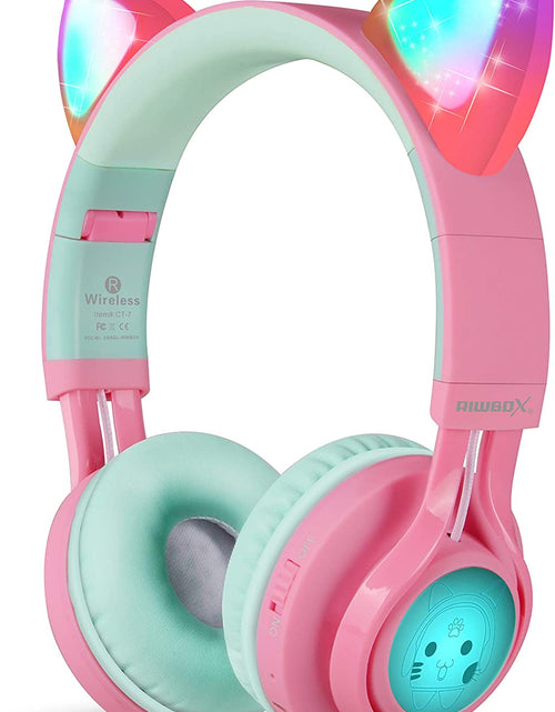 Load image into Gallery viewer, CT-7 Cat Ear Bluetooth Headphones, LED Light up Bluetooth Wireless over Ear Headphones with Microphone and Volume Control for Travel/School/Smartphones/Laptop/Pc/Tv (Pink&amp;Green)
