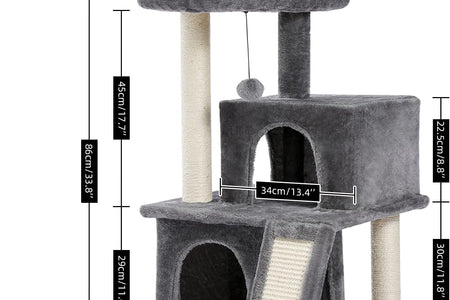 34 Inches Cat Tree Multilevel Cat Tower with Double Condos, Spacious Perch, Fully Wrapped Scratching Sisal Post and Replaceable Dangling Balls Gray